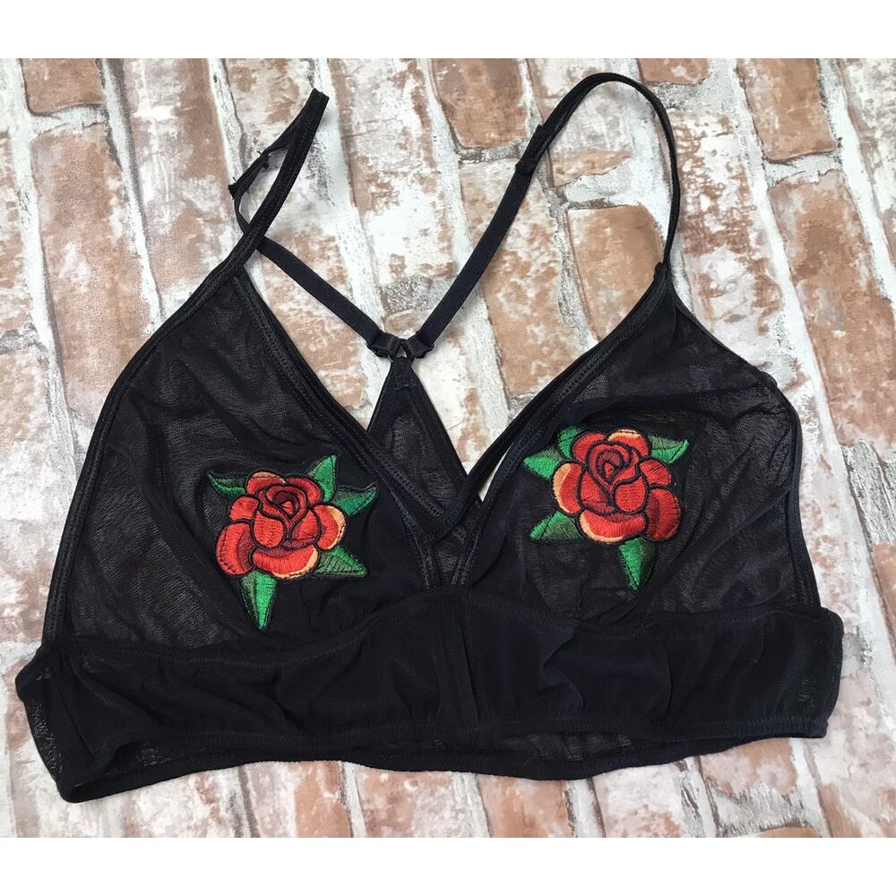 BodyRage Bra Womens Mesh Embroidered Roses Strappy Patch Size S/M Petit